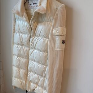 Moncler Cream Quilted Puffer Jacket with Knit Sleeves